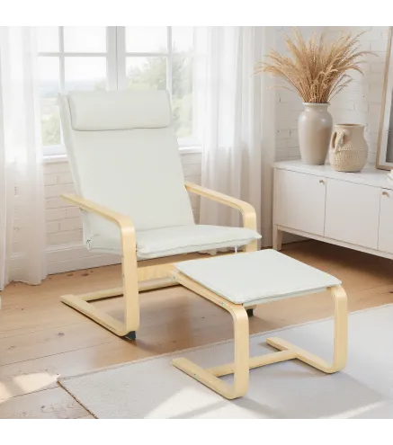 Sillón con Reposapiés Sillón Lectura con Respaldo Alto Reposacabezas Extraíble Patas de Madera y Tapizado en Lino Crema