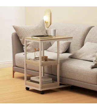 Mesa Auxiliar en Forma de C con Ruedas Estantes Abiertos y Marco de Acero para Salón Dormitorio 51x33x66cm Natural y Blanco
