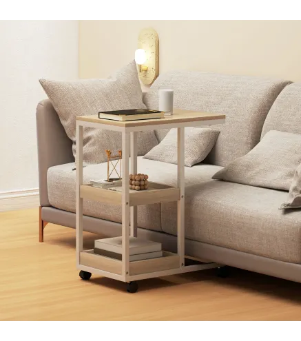 Mesa Auxiliar en Forma de C con Ruedas Estantes Abiertos y Marco de Acero para Salón Dormitorio 51x33x66cm Natural y Blanco