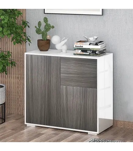 Aparador para Cocina con 2 Puertas 2 Cajones Marco de Blanco Brillante Estante Ajustable Apertura a Presión Armario de Almacenam