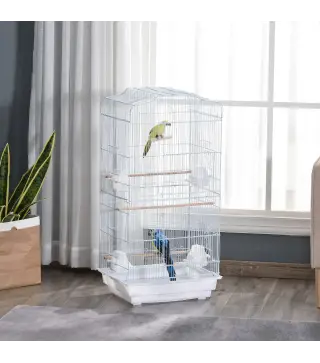 Jaula para Pájaros Pajarera de Metal con 4 Comederos 3 Perchas Columpio y Bandeja Extraíble 46,5x35,5x92 cm Blanco