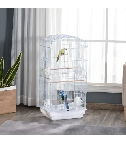 Jaula para Pájaros Pajarera de Metal con 4 Comederos 3 Perchas Columpio y Bandeja Extraíble 46,5x35,5x92 cm Blanco