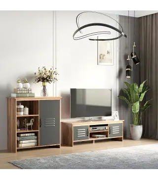 Aparador con Puerta de Metal Mueble Auxiliar con 3 Estantes Abiertos y Armario con Puerta y Balda Ajustable para Salón C