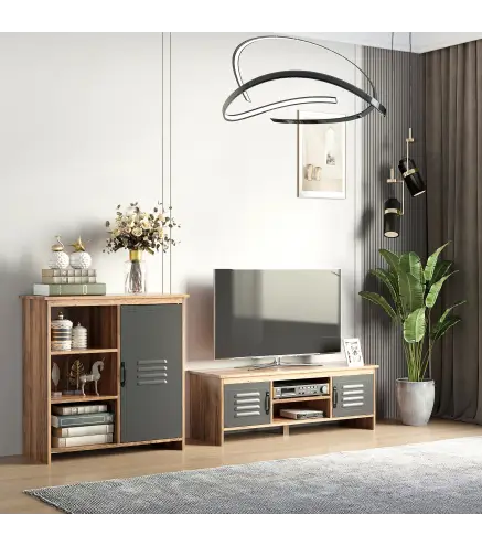 Aparador con Puerta de Metal Mueble Auxiliar con 3 Estantes Abiertos y Armario con Puerta y Balda Ajustable para Salón Cocina 80