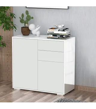 Aparador para Cocina con 2 Puertas 2 Cajones Marco de Blanco Brillante Estante Ajustable Apertura a Presión Armario de Almacenam