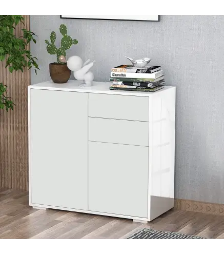 Aparador para Cocina con 2 Puertas 2 Cajones Marco de Blanco Brillante Estante Ajustable Apertura a Presión Armario de Almacenam