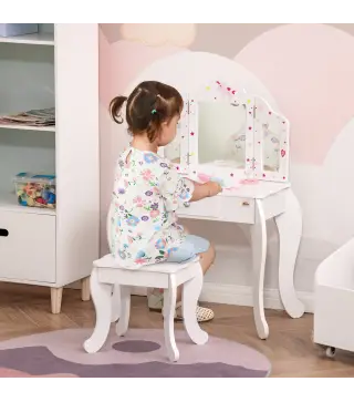 Tocador Infantil con Taburete y Espejo Ajustable, Tocador para Niñas con Cajón, Mesa de Maquillaje para Niños y Niñas de 3-6 Año
