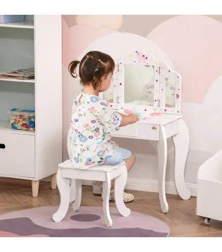 Tocador Infantil con Taburete y Espejo Ajustable, Tocador para Niñas con Cajón, Mesa de Maquillaje para Niños y Niñas de 3-6 Año
