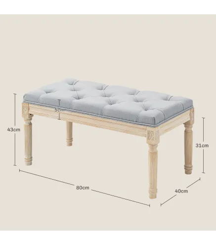 Banco Pie de Cama Tapizado en Lino Sintético con Patas de Madera y Asiento Acolchado Estilo Vintage Gris Claro