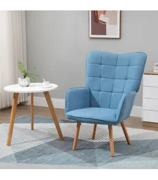 Sillón Individual con Respaldo Alto Reposabrazos Tela de Lino y Patas de Madera para Comedor Cocina 71x76x101cm Azul