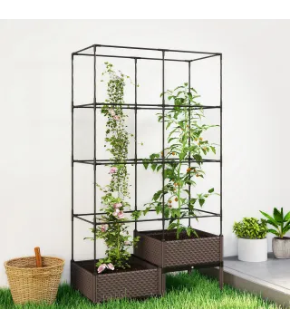 Jardinera con Enrejado Metálico para Plantas Trepadoras 2 Macetas de PP con Orificios de Drenaje 100x50x174 cm Negro