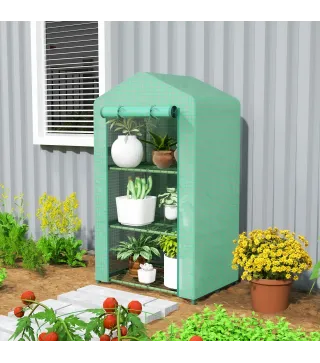 Invernadero de Jardín de 3 Niveles Puerta Enrollable Marco de Metal Cubierta de PE Anti-UV 69x49x125 cm Verde