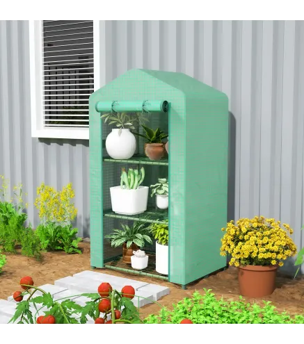 Invernadero de Jardín de 3 Niveles Puerta Enrollable Marco de Metal Cubierta de PE Anti-UV 69x49x125 cm Verde