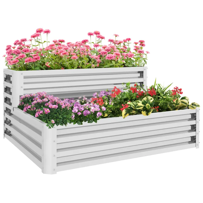 Jardinera Exterior de Acero Galvanizado con Diseño de Escalera Base Abierta para Cultivos Plantas 120x101x58 cm Plata
