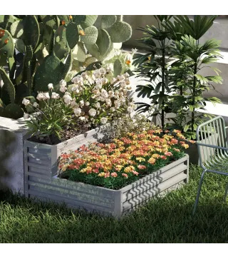 Jardinera Exterior de Acero Galvanizado con Diseño de Escalera Base Abierta para Cultivos Plantas 120x101x58 cm Plata