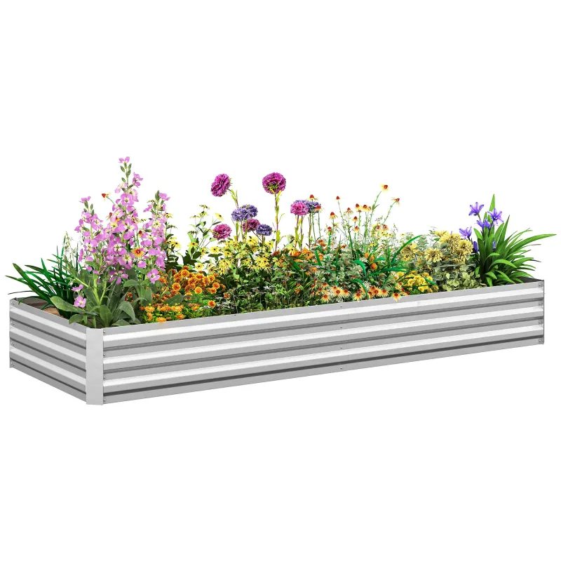 Jardinera Exterior Grande Rectangular de Acero Galvanizado para Terraza con Base Abierta 241x90,5x30 cm Plateado