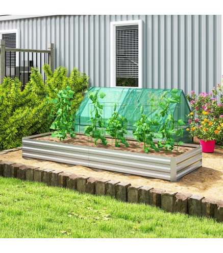 Jardinera Exterior Grande Rectangular de Acero Galvanizado para Terraza con Base Abierta 241x90,5x30 cm Plateado