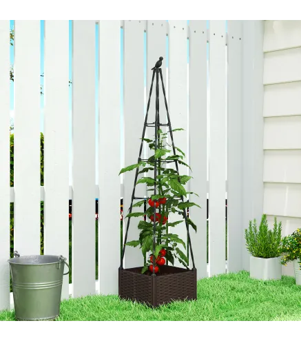 Jardinera con Enrejado Metálico para Plantas Trepadoras Maceta de PP con Orificios de Drenaje y Tapones 40x40x175 cm