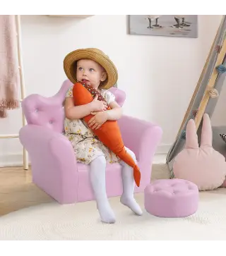 Sofá para Niños con Reposapiés Sillón Infantil Decorativo con Respaldo Alto en Forma de Corona y Reposabrazos Acolchado