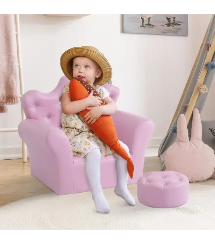Sofá para Niños con Reposapiés Sillón Infantil Decorativo con Respaldo Alto en Forma de Corona y Reposabrazos Acolchado
