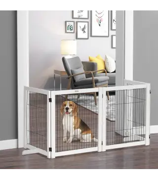 Barrera de Seguridad para Perros Plegable 264x77 cm de 4 Paneles con Patas y Marco de Madera para Puertas Escaleras