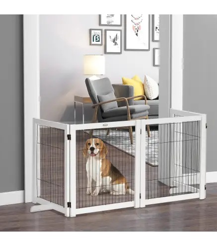 Barrera de Seguridad para Perros Plegable 264x77 cm de 4 Paneles con Patas y Marco de Madera para Puertas Escaleras