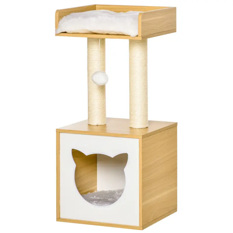 Árbol para Gatos de 2 Niveles con Cueva Cama Superior Postes Rascadores de Sisal Natural Cojines Lavables y Bola de Juguete 35x3