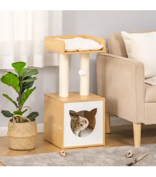 Árbol para Gatos de 2 Niveles con Cueva Cama Superior Postes Rascadores de Sisal Natural Cojines Lavables y Bola de Juguete 35x3
