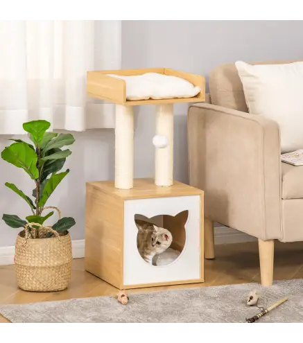 Árbol para Gatos de 2 Niveles con Cueva Cama Superior Postes Rascadores de Sisal Natural Cojines Lavables y Bola de Juguete 35x3