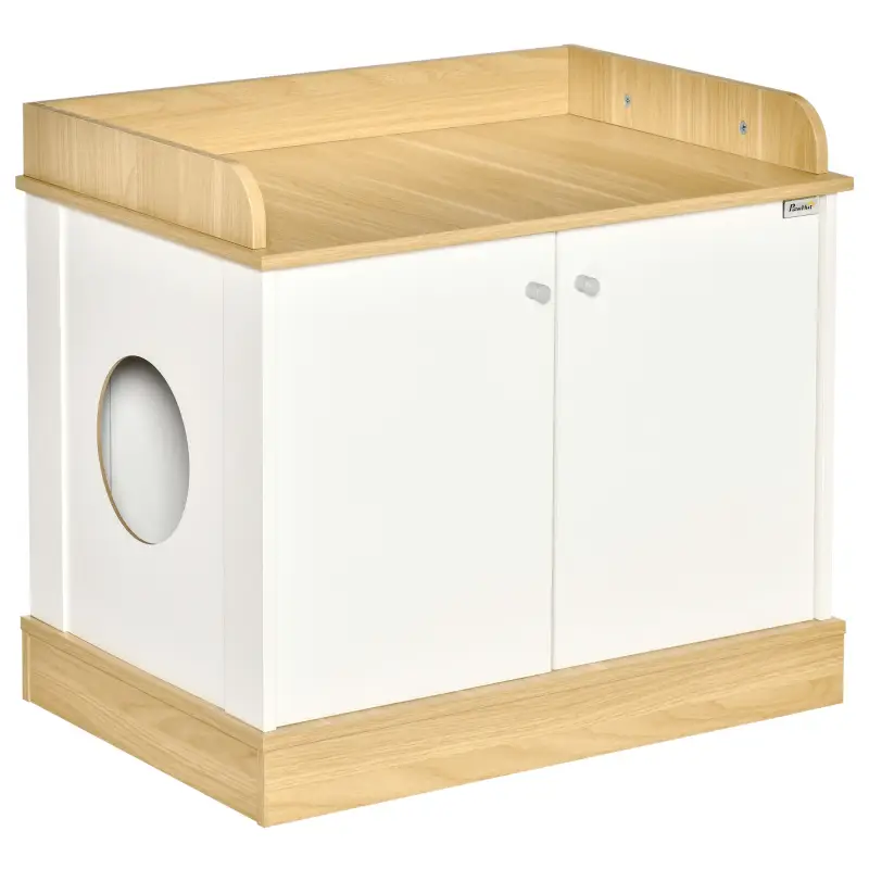 Casa para Gatos de Madera Mueble Arenero para Gatos 2 en 1 con Estante de Almacenaje Doble Puerta y Orificio de Entrada Lateral