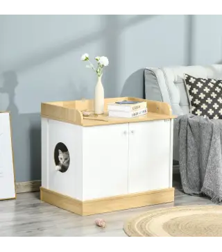 Casa para Gatos de Madera Mueble Arenero para Gatos 2 en 1 con Estante de Almacenaje Doble Puerta y Orificio de Entrada Lateral