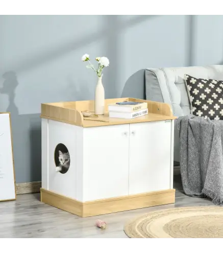 Casa para Gatos de Madera Mueble Arenero para Gatos 2 en 1 con Estante de Almacenaje Doble Puerta y Orificio de Entrada Lateral