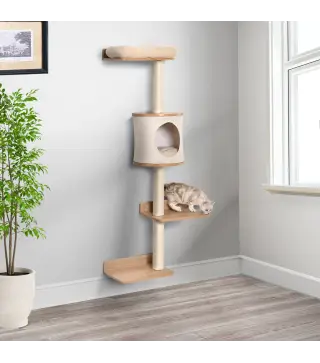 Árbol para Gatos de Pared 38x30x149 cm con Múltiples Plataformas de Madera Cueva Cama Superior Cojín Extraíble Postes Rascadores