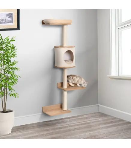 Árbol para Gatos de Pared 38x30x149 cm con Múltiples Plataformas de Madera Cueva Cama Superior Cojín Extraíble Postes Rascadores