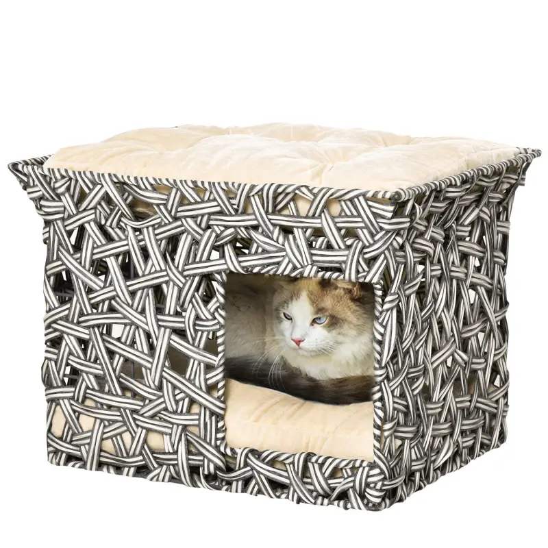 Cesta de Ratán para Gatos de 2 Pisos Cueva Cama de Gato Tipo Caseta con 2 Cojines Suaves Estructura de Metal 51x42x37 cm Gris y