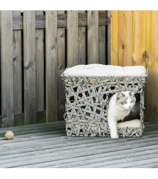Cesta de Ratán para Gatos de 2 Pisos Cueva Cama de Gato Tipo Caseta con 2 Cojines Suaves Estructura de Metal 51x42x37 cm Gris y