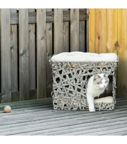 Cesta de Ratán para Gatos de 2 Pisos Cueva Cama de Gato Tipo Caseta con 2 Cojines Suaves Estructura de Metal 51x42x37 cm Gris y
