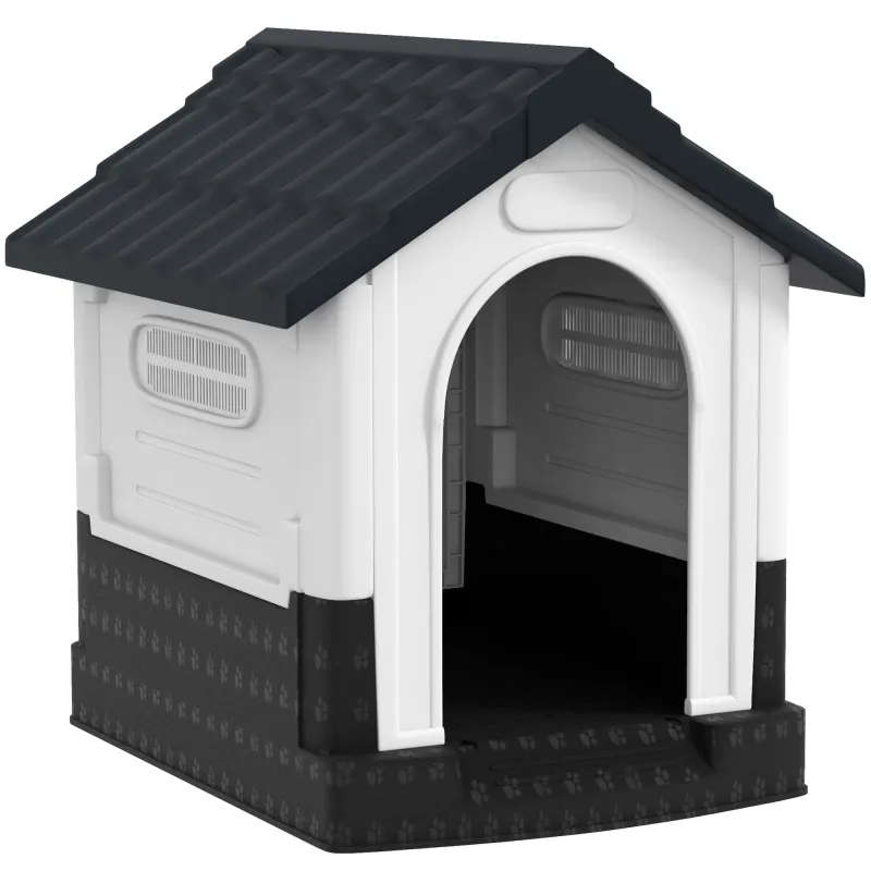 Caseta para Perros Mini para Exterior de Plástico con 3 Ventanas Base Elevada Techo Inclinado 64,5x57x66 cm Gris Oscuro