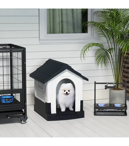 Caseta para Perros Mini para Exterior de Plástico con 3 Ventanas Base Elevada Techo Inclinado 64,5x57x66 cm Gris Oscuro