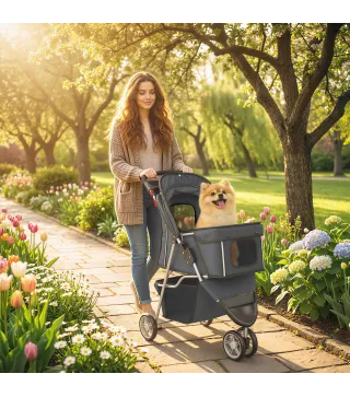 Carrito para Perros Pequeños con Cesta de Almacenaje Ventanas de Malla y Cinturón de Seguridad 77x44x102 cm Gris Oscuro