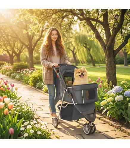 Carrito para Perros Pequeños con Cesta de Almacenaje Ventanas de Malla y Cinturón de Seguridad 77x44x102 cm Gris Oscuro