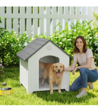 Caseta para Perros Exterior Casa para Perros Grandes de Plástico con 2 Ventanas Base Elevada Estacas Gris