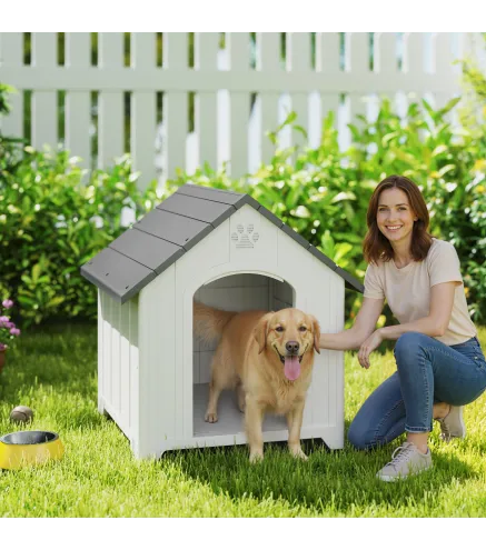 Caseta para Perros Exterior Casa para Perros Grandes de Plástico con 2 Ventanas Base Elevada Estacas Gris