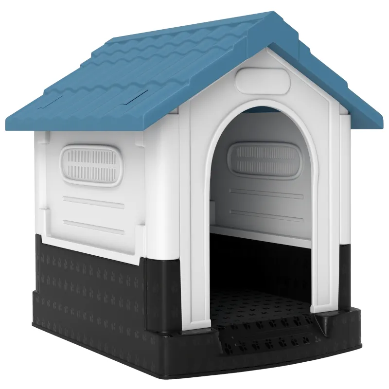 Caseta para Perros Mini para Exterior de Plástico con 3 Ventanas Base Elevada Techo Inclinado 64,5x57x66 cm Azul