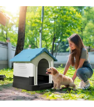 Caseta para Perros Mini para Exterior de Plástico con 3 Ventanas Base Elevada Techo Inclinado 64,5x57x66 cm Azul