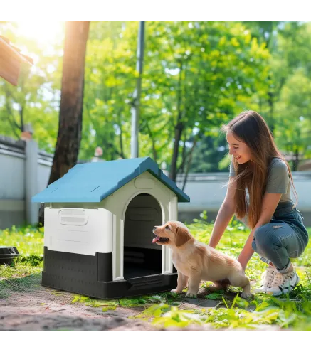 Caseta para Perros Mini para Exterior de Plástico con 3 Ventanas Base Elevada Techo Inclinado 64,5x57x66 cm Azul