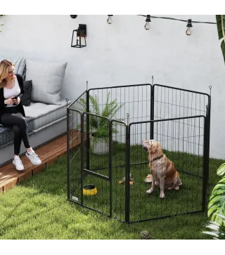 Parque para Perros de 6 Paneles de 100 cm de Altura con Puerta para Interior y Exterior Negro