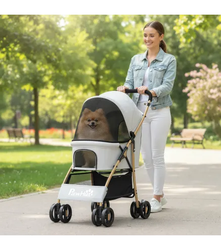 Carrito para Mascotas con 2 Puertas Ventana de Malla Cesta de Almacenamiento Cuerda de Seguridad 80x44,5x97 cm Gris Claro