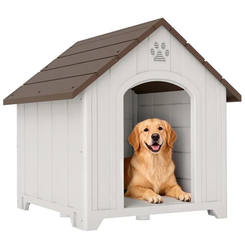 Caseta para Perros Exterior Casa para Perros Grandes de Plástico con 2 Ventanas Base Elevada Estacas Marrón Oscuro