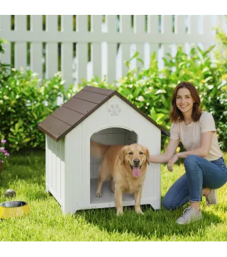 Caseta para Perros Exterior Casa para Perros Grandes de Plástico con 2 Ventanas Base Elevada Estacas Marrón Oscuro